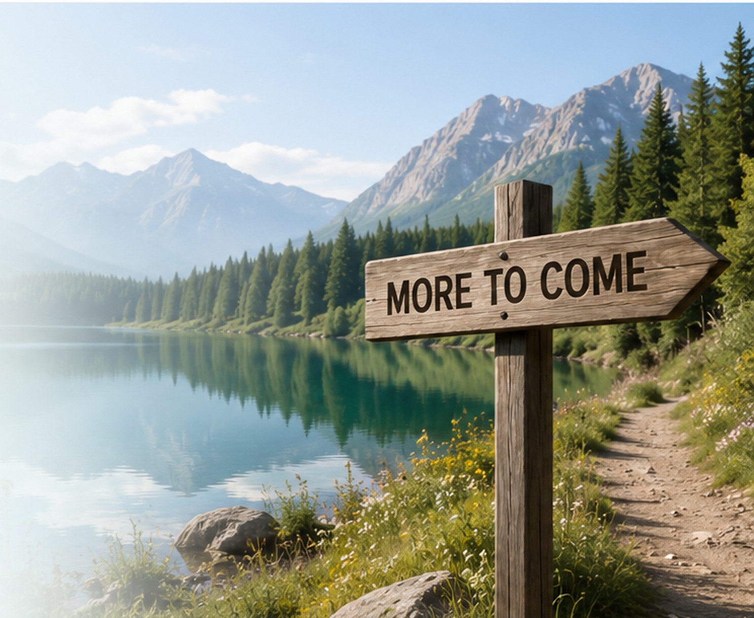 Mountain lake beside a wooded path with a wooden sign reading More to Come.